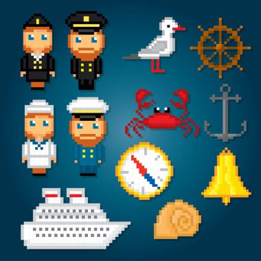 Deniz Icons set. Piksel sanat. Eski okul bilgisayar grafik stili. Oyun elemanları.