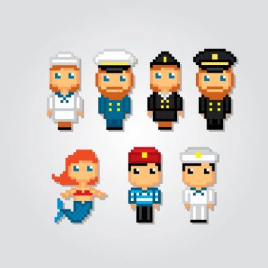 Denizciler ve kaptanları Icons set. Piksel sanat. Eski okul bilgisayar grafik stili. Oyun elemanları.