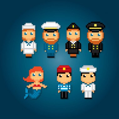 Sailors and captains icons set. Pixel art. Old school computer graphic style. Games elements. clipart
