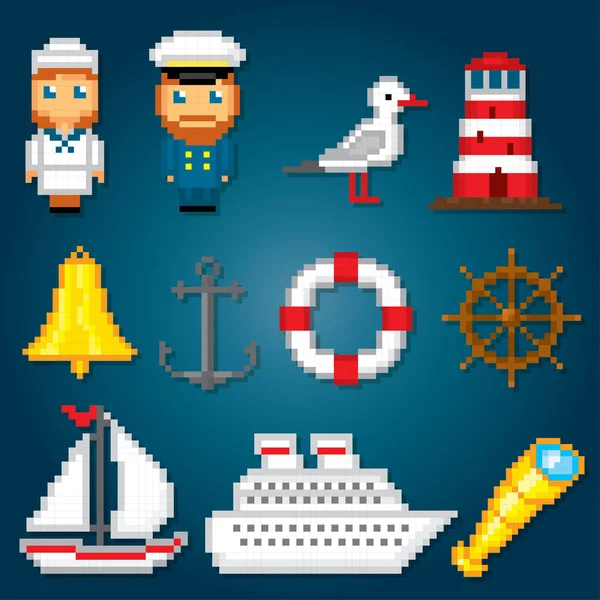 Set de iconos náuticos. Pixel art. Estilo gráfico de computadora de la vieja escuela. Juegos de elementos . — Vector de stock