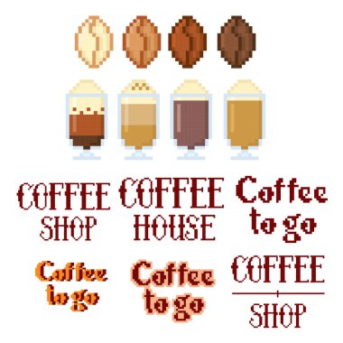 Kahve Icon set. Pixelart. Eski okul bilgisayar grafik stili. 8 bit video oyunu.