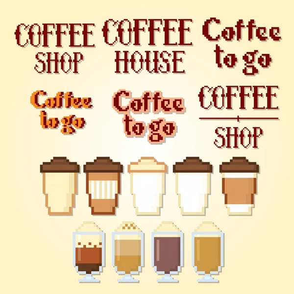 Conjunto de ícones de café. Pixelart. Estilo gráfico de computador da velha escola. 8 bit jogo de vídeo . — Vetor de Stock