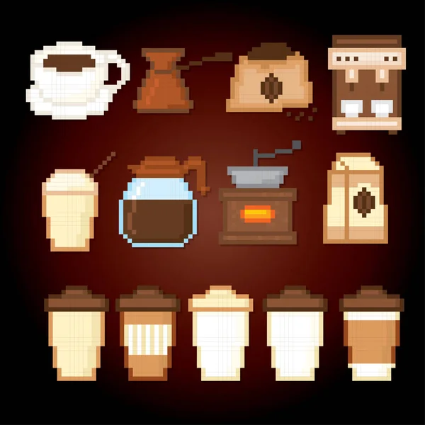 Kaffee-Icon-Set vorhanden. Pixelart. Computergrafik der alten Schule. 8 Bit Videospiel. — Stockvektor