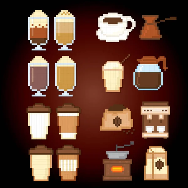 Kaffee-Icon-Set vorhanden. Pixelart. Computergrafik der alten Schule. 8 Bit Videospiel. — Stockvektor