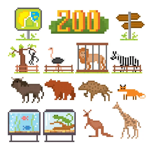 Zoo Icons Set Pixel Art Old School Computer Graphic Style — Stock Vector