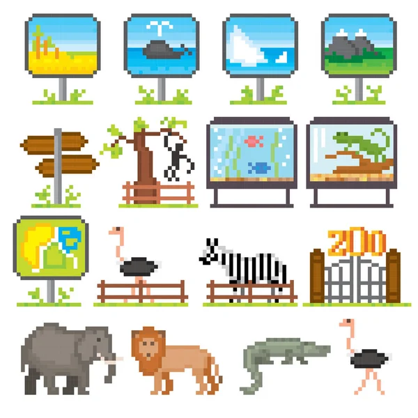 Állatkert Ikonok Beállítása Pixel Art Régi Iskola Számítógép Grafikus Stílus — Stock Vector