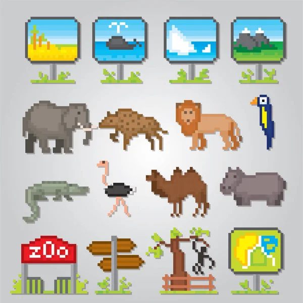 Conjunto Iconos Del Zoológico Pixel Art Estilo Gráfico Computadora Vieja — Vector de stock