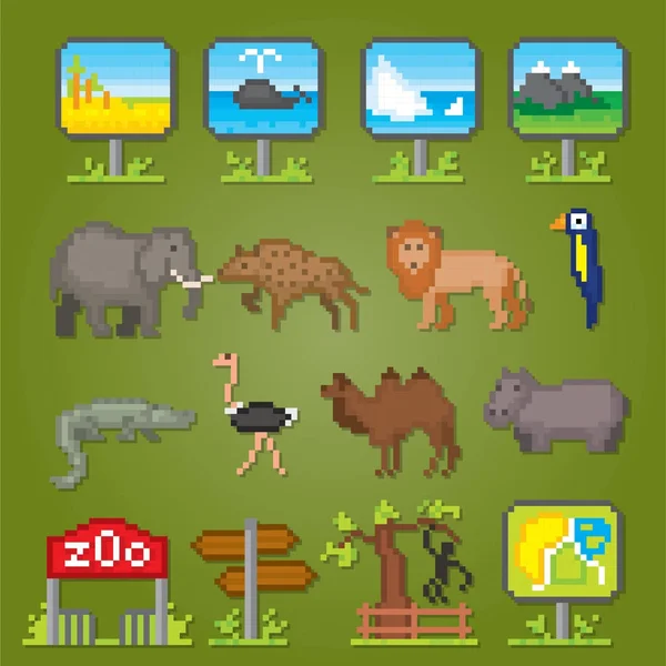 Ensemble Icônes Zoo Pixel Art Style Graphique Vieille École Éléments — Image vectorielle