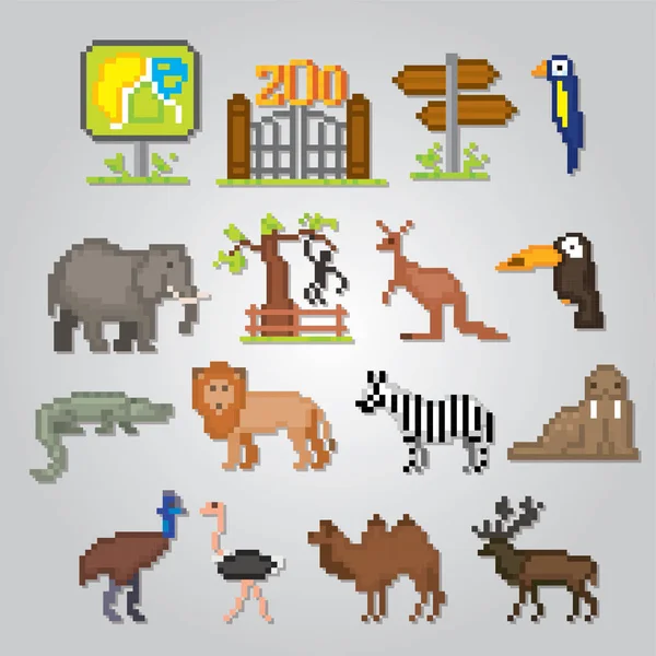Ensemble Icônes Zoo Pixel Art Style Graphique Vieille École Éléments — Image vectorielle