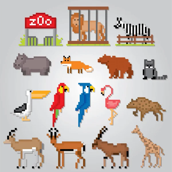 Állatkert Ikonok Beállítása Pixel Art Régi Iskola Számítógép Grafikus Stílus — Stock Vector