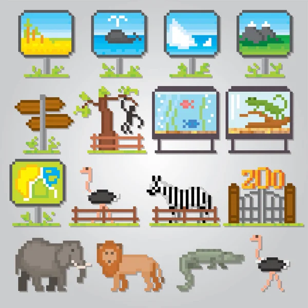 Conjunto Iconos Del Zoológico Pixel Art Estilo Gráfico Computadora Vieja — Vector de stock