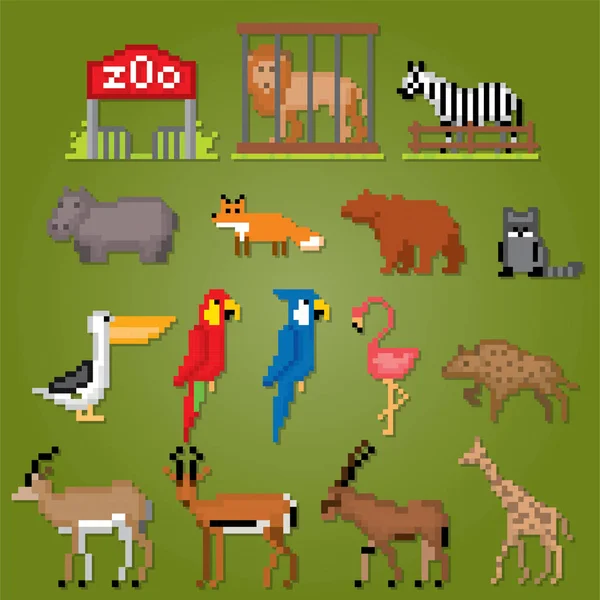 Állatkert Ikonok Beállítása Pixel Art Régi Iskola Számítógép Grafikus Stílus — Stock Vector