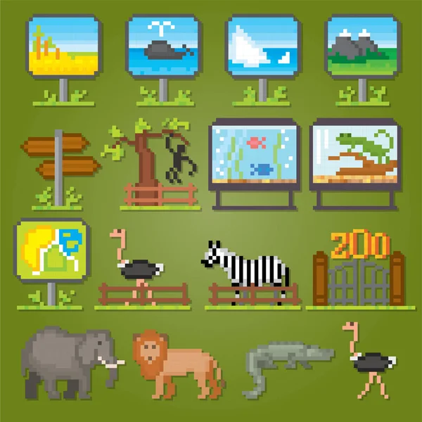 Állatkert Ikonok Beállítása Pixel Art Régi Iskola Számítógép Grafikus Stílus — Stock Vector