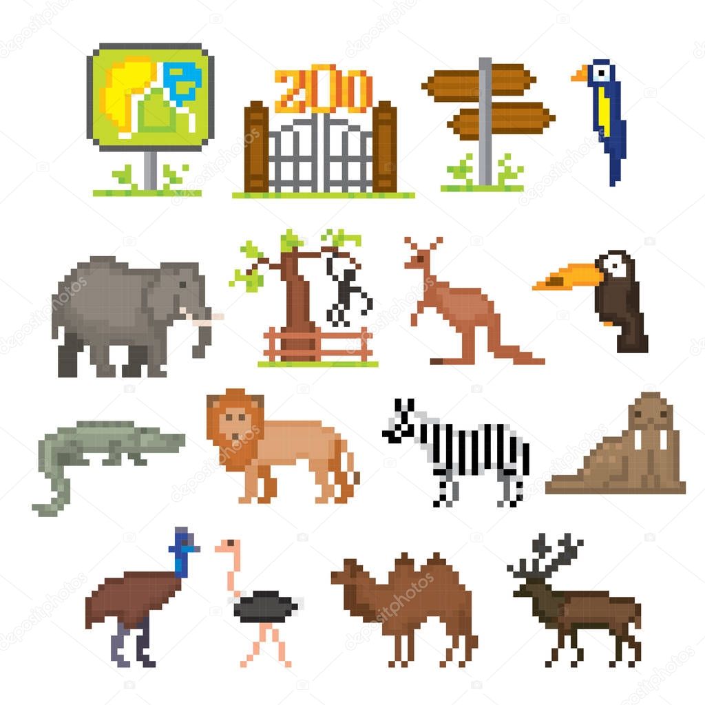 Zoo icons set. Pixel art. Old school computer graphic style. Games elements.
