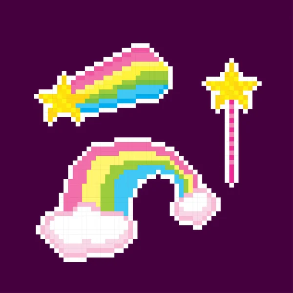 Sady s rainbow, kouzelnou hůl a magic rainbow star Magic ikon. Pixel umění. Stará škola počítač grafický styl. Prvky hry. — Stockový vektor