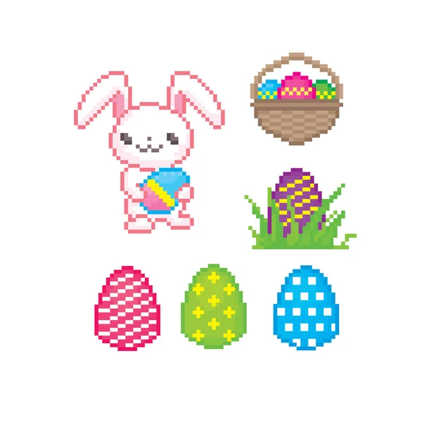 Easter sicon set. Pixel art. Old school computer graphic style. 8 bit video game. game element. — Stock Vector