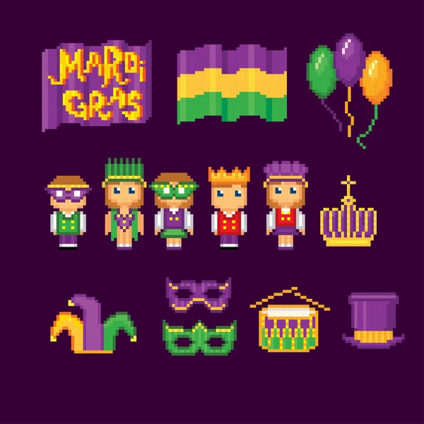 Mardi gras icons set. Pixel art. Old school computer graphic style. Games elements. — Stock Vector