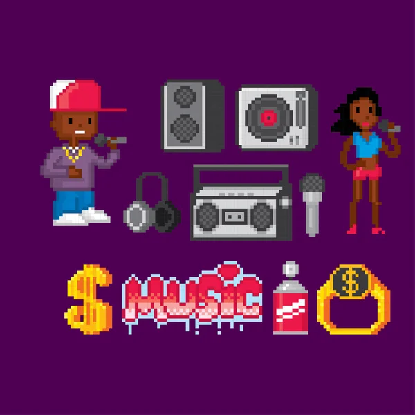 Ensemble Icônes Hip Hop Pixelart Vieux Style Informatique Graphique École — Image vectorielle