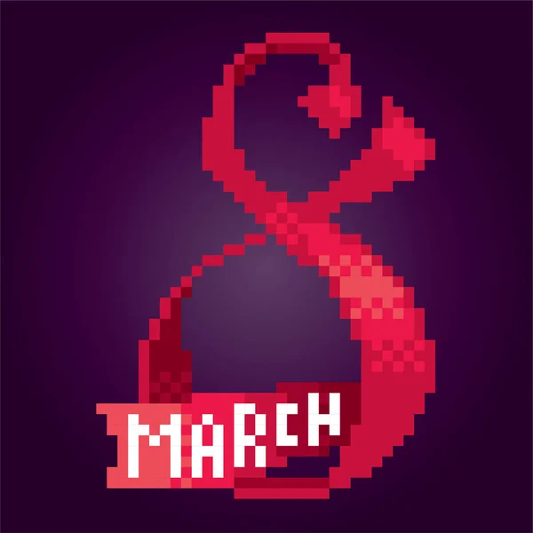 8 maart. Womens dag wenskaart. Pixelart. Old school computer grafische stijl. 8 bit videogame. spelelement. — Stockvector