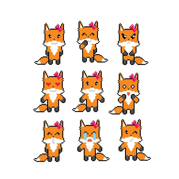 Conjunto Iconos Emoji Fox Pixel Art Estilo Gráfico Computadora Vieja — Archivo Imágenes Vectoriales