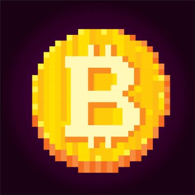 Bitcoin. Cryptocurrency. Piksel sanat. Eski okul bilgisayar grafik stili. 8 bit video oyunu. oyun öğe.