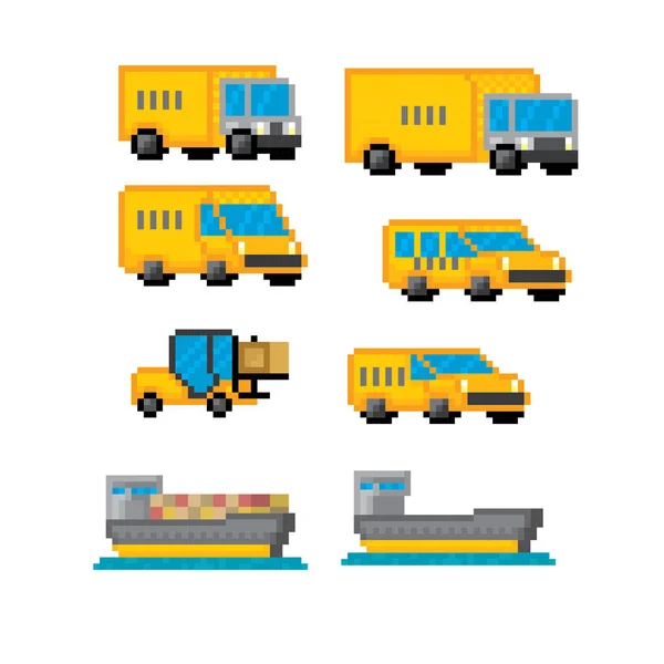 Delivery transportation icon set. Pixel art. Old school computer graphic style. 8 bit video game. game element. — Stock Vector