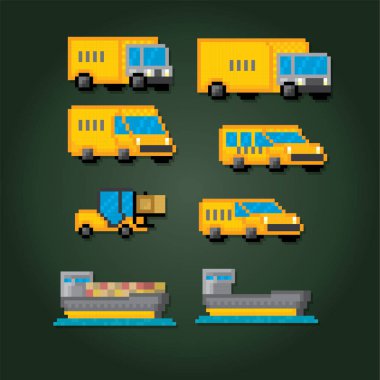 Teslimat ulaşım Icon set. Piksel sanat. Eski okul bilgisayar grafik stili. 8 bit video oyunu. oyun öğe.