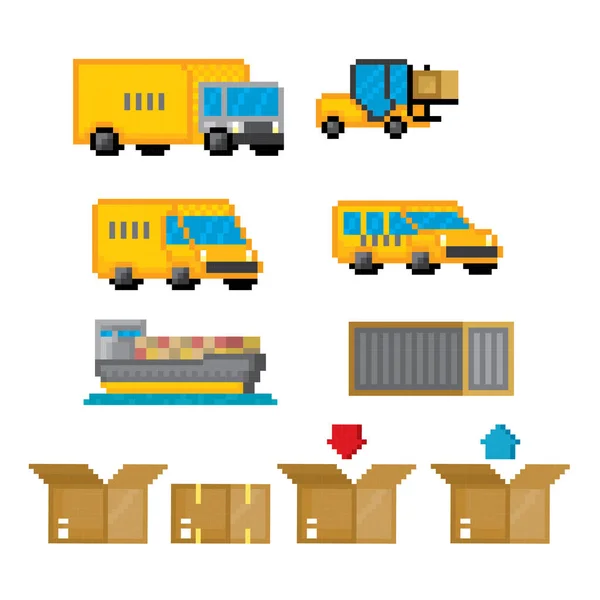 Delivery transportation icon set. Pixel art. Old school computer graphic style. 8 bit video game. game element. — Stock Vector