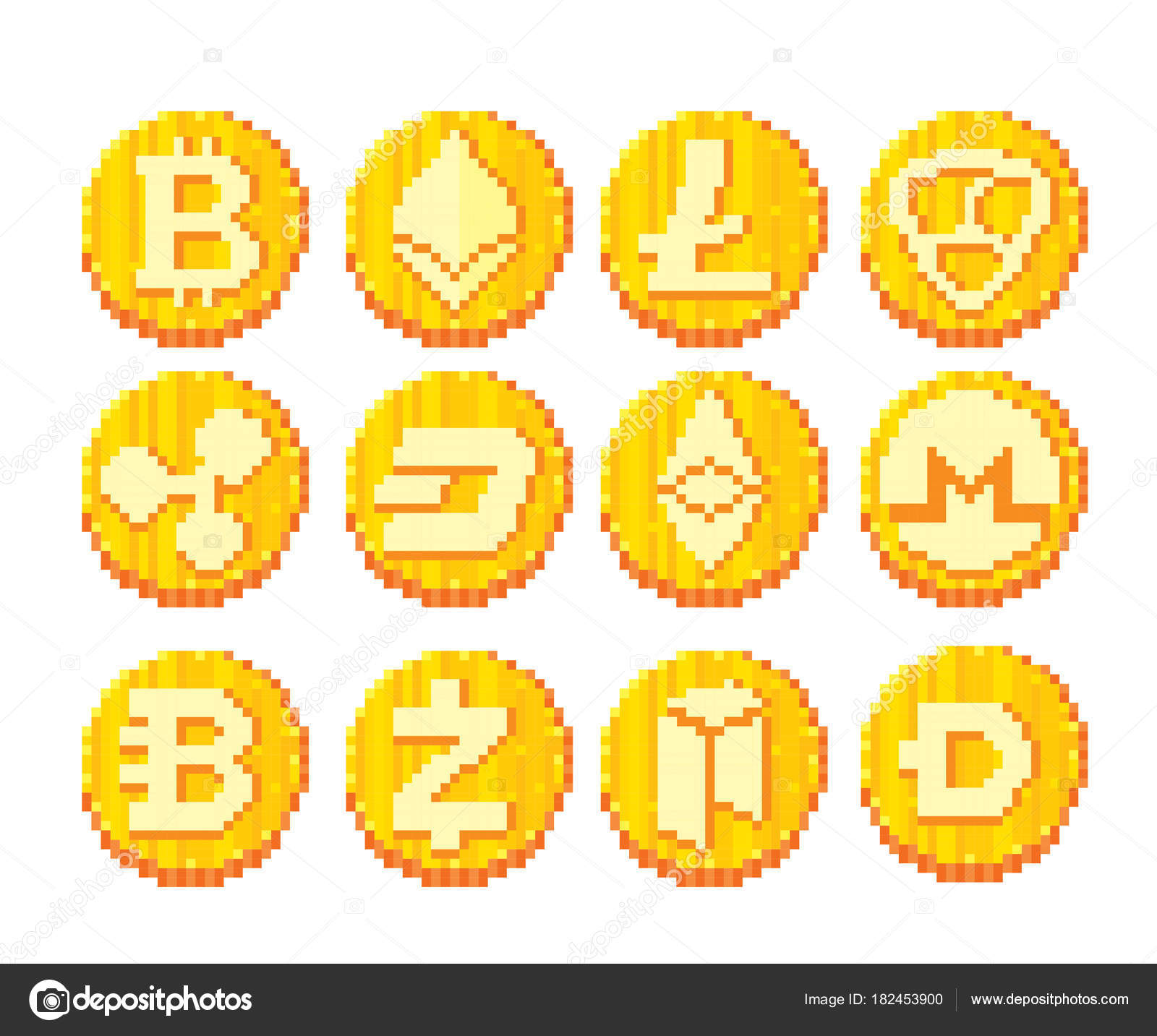 Cryptocurrency icon set. Pixel art. Old school computer graphic style. 8  bit video game. game element. Stock Vector by ©dergriza 182453900