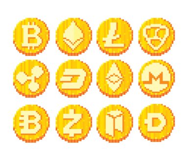 Cryptocurrency simge seti. Piksel sanat. Eski okul bilgisayar grafik stili. 8 bit video oyunu. oyun öğe.