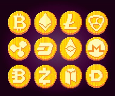 Cryptocurrency simge seti. Piksel sanat. Eski okul bilgisayar grafik stili. 8 bit video oyunu. oyun öğe.