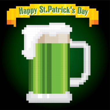 Kupa ile yeşil bira. St.Patrick s günü greteeng kartı. Piksel sanat. Eski okul bilgisayar grafik stili. Oyun elemanları.