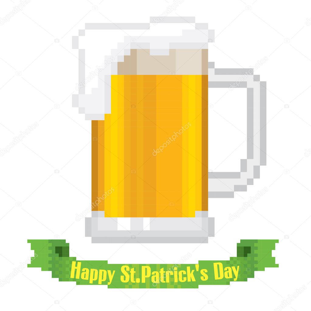 St.Patrick s Day greteeng card. Pixel art. Old school computer graphic style. Games elements.