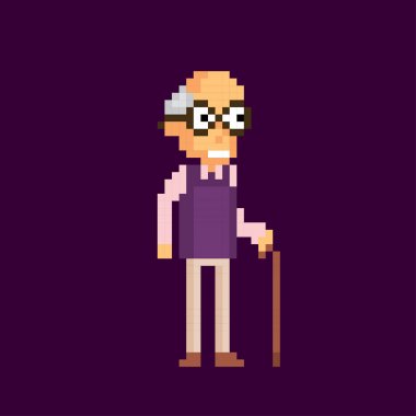 Eğri saplı kamışı uzun ince sopayla yaşlı beyefendi. Pixelart simgesi. Eski okul bilgisayar grafik stili. Dekoratif unsur tasarım logo, etiket, web, mobil uygulama oyun kıymetler 8-bit sprite için.