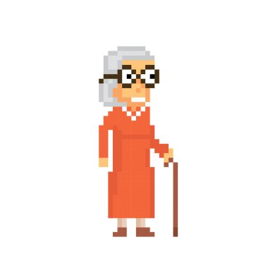 Eğri saplı kamışı uzun ince sopayla yaşlı kişi. Pixelart Icon set. Eski okul bilgisayar grafik stili. Dekoratif unsur tasarım logo, etiket, web, mobil uygulama oyun kıymetler 8-bit sprite için.