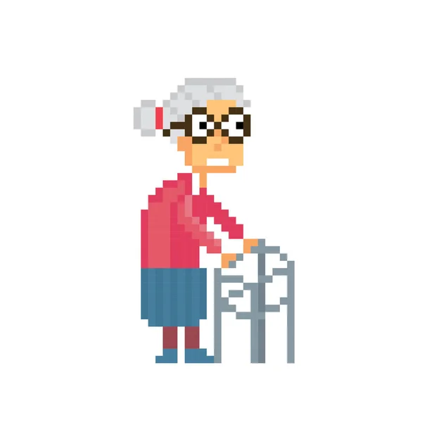 Leeftijd Dame lopen met een walker. Pixelart pictogram. Old school computer grafische stijl. Decoratief element ontwerpen voor logo sticker, web, mobiele app. Game activa 8-bit sprite. — Stockvector