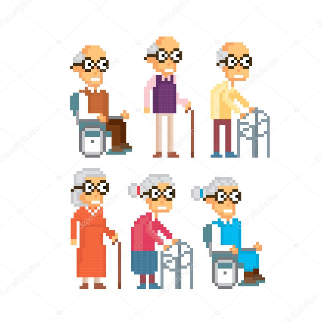 Aged lady and gentleman. Old school computer graphic style. Decorative element design for logo, sticker, web, mobile app. Game assets 8-bit sprite.