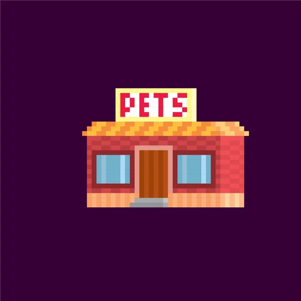 A construção de uma loja de animais. Arte Pixel. Gráfico de computador da velha escola. Jogo de vídeo de 8 bits. Ativos do jogo 8-bit sprite . — Vetor de Stock