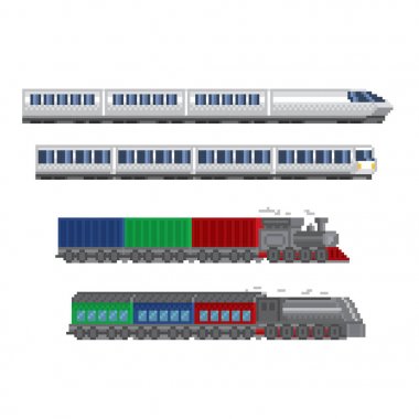 Lokomotif, tren, tren yol pixel Icon set. Piksel sanat. Eski okul bilgisayar grafik. 8 bit video oyunu. Oyun kıymetler 8-bit sprite.