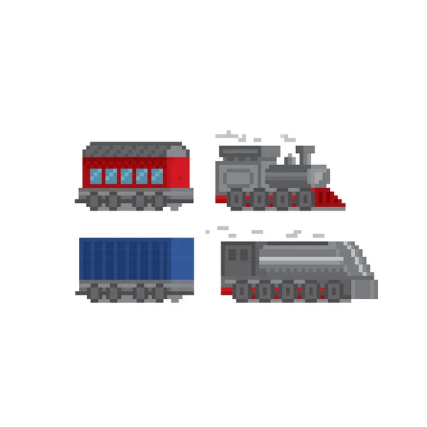 Locomotiva, treno, ferrovia icona pixel stradale impostata. Pixel art. Computer grafica vecchia scuola. Videogioco a 8 bit. Attività di gioco a 8 bit sprite . — Vettoriale Stock