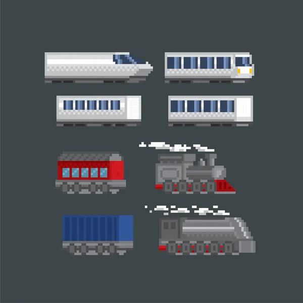 Lokomotif, kereta api, jalur kereta api ikon pixel ditetapkan. Seni Pixel. Grafis komputer sekolah lama. 8 bit video game. Aset permainan 8-bit sprite . - Stok Vektor