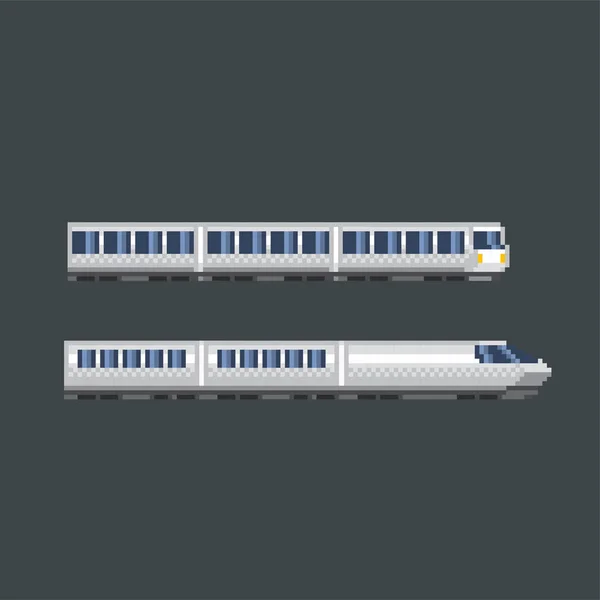 Locomotiva, treno, ferrovia icona pixel stradale impostata. Pixel art. Computer grafica vecchia scuola. Videogioco a 8 bit. Attività di gioco a 8 bit sprite . — Vettoriale Stock