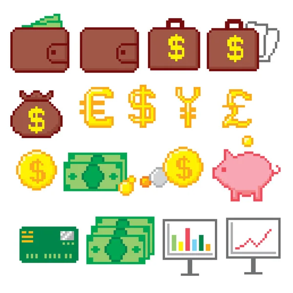 Finanzas, dinero y banco Pixel icono conjunto. Estilo gráfico de computadora de la vieja escuela. Activos del juego sprite de 8 bits . — Vector de stock