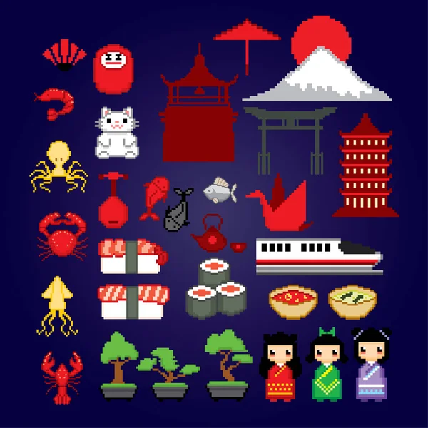 Zestaw ikon kultury Japonii. Sztuka piksela. Grafika Komputerowa starej szkoły. 8-bitowych gier wideo. Zasoby gry 8-bitowych sprite. — Wektor stockowy
