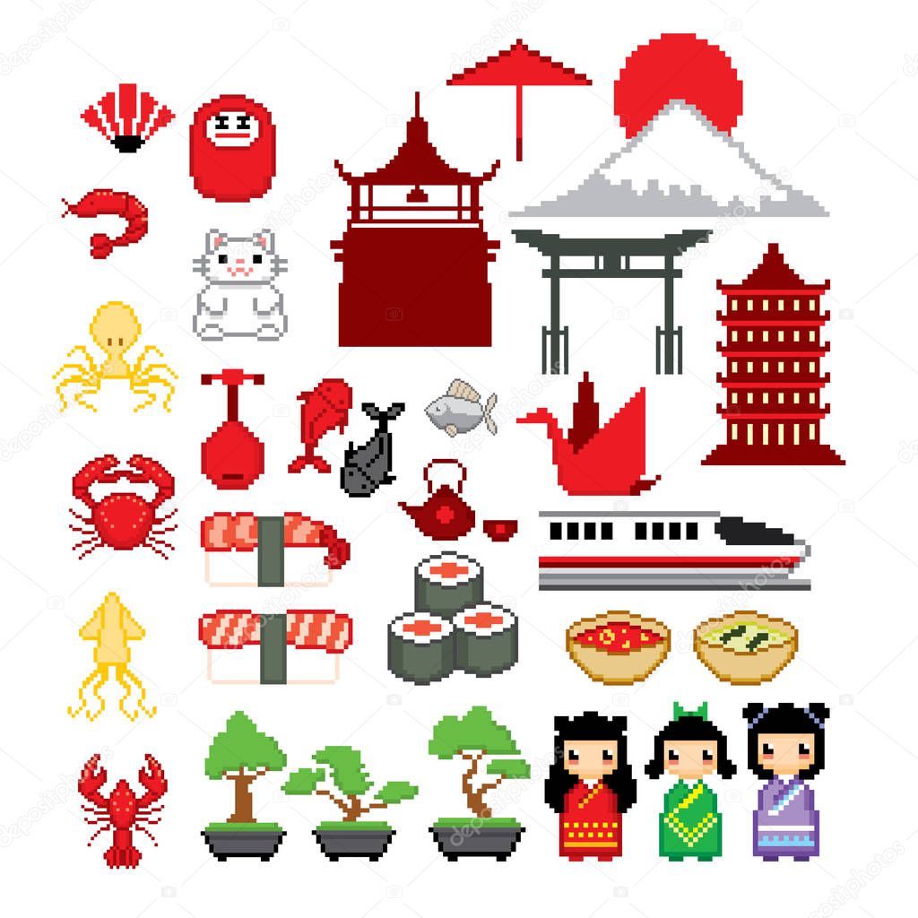 Japan culture icon set. Pixel art. Old school computer graphic. 8 bit video game. Game assets 8-bit sprite.