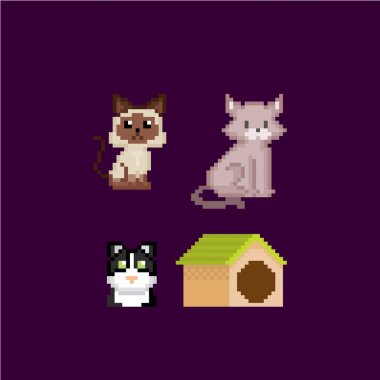 Kedi kitty simge seti. Piksel sanat. Eski okul bilgisayar grafik. 8 bit video oyunu. Oyun kıymetler 8-bit sprite.