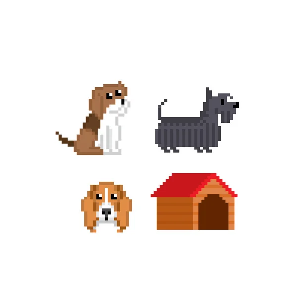 Lindo perro cachorro icono conjunto. Pixel art. Gráfico de computadora de la vieja escuela. Videojuego de 8 bits. Activos del juego sprite de 8 bits . — Vector de stock