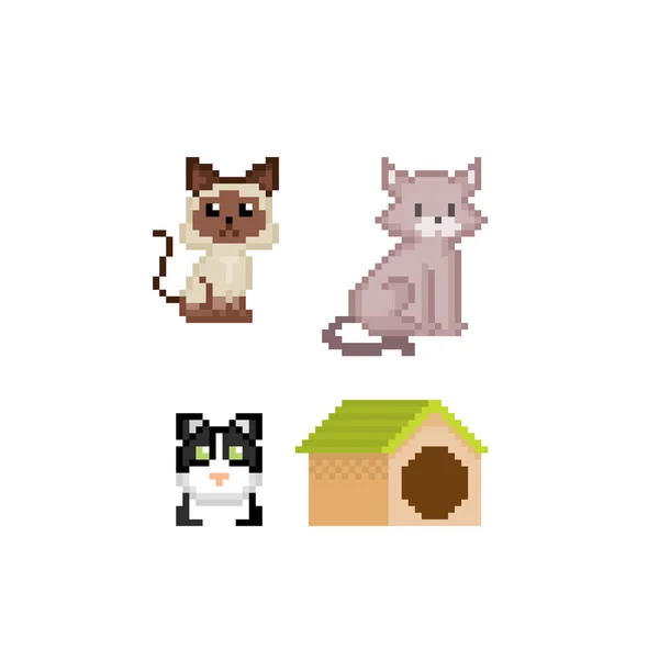 Gato gatito icono conjunto. Pixel art. Gráfico de computadora de la vieja escuela. Videojuego de 8 bits. Activos del juego sprite de 8 bits . — Vector de stock