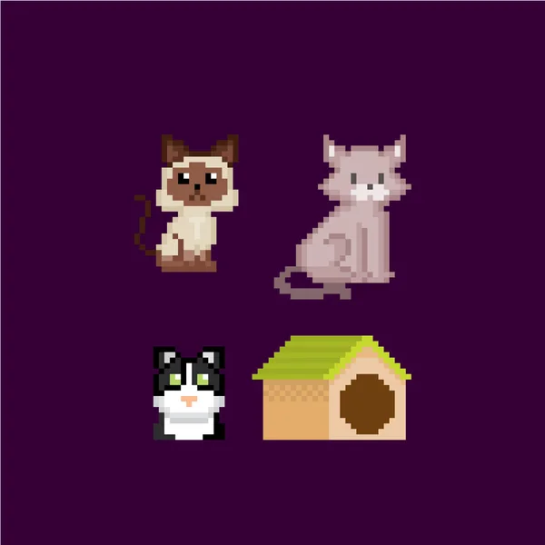 Conjunto de ícones de gatinho gato. Arte Pixel. Gráfico de computador da velha escola. Jogo de vídeo de 8 bits. Ativos do jogo 8-bit sprite . — Vetor de Stock