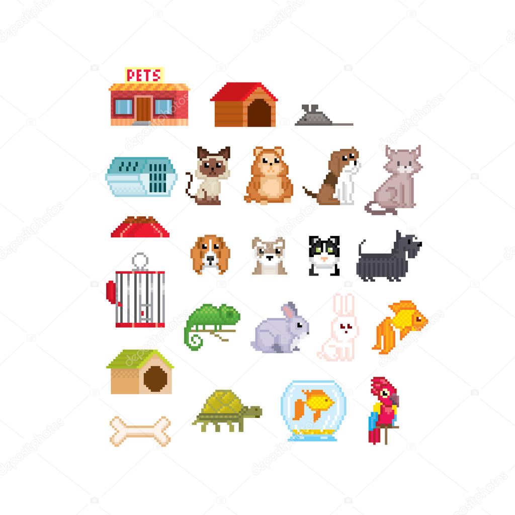 Pet accessories set. Cat, dog, aquarium fish, parrot and turtle isolated vector illustration pixel art 80s style icons. Stickers and embroidery design. Logo design for pet shops, mobile applications